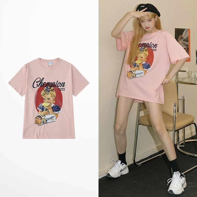 

Ins Hip Hop Tide Brand Retro Cartoon T Shirt Male High Street Skateboard T-shirts Women Streetwear Lovers Couple Pink Tee Shirt