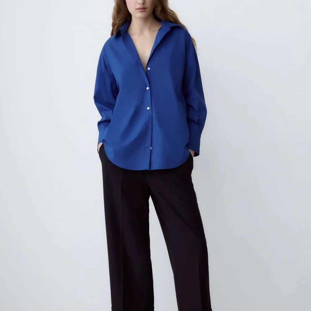 

Women 2021 Autumn New Fashion Asymmetry Poplin Blouses Vintage Long Sleeve Button-up Female Shirts Chic Tops