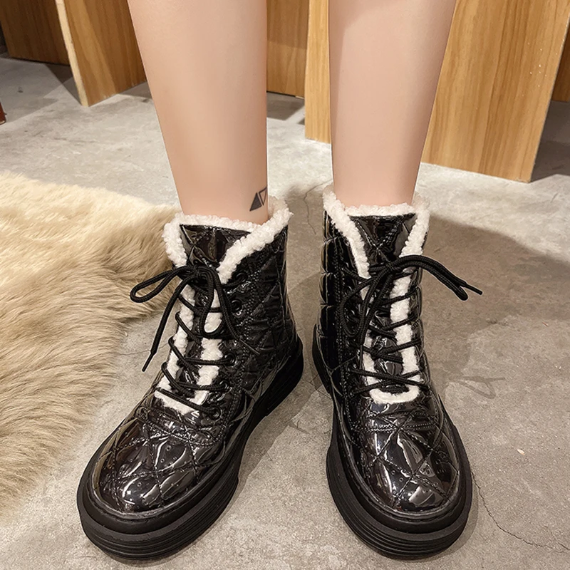 

Rimocy Patent Leather Thick Bottom Ankle Boots Woman Lace Up Short Plush Winter Shoes Women Platform Short Boots Female Footwear