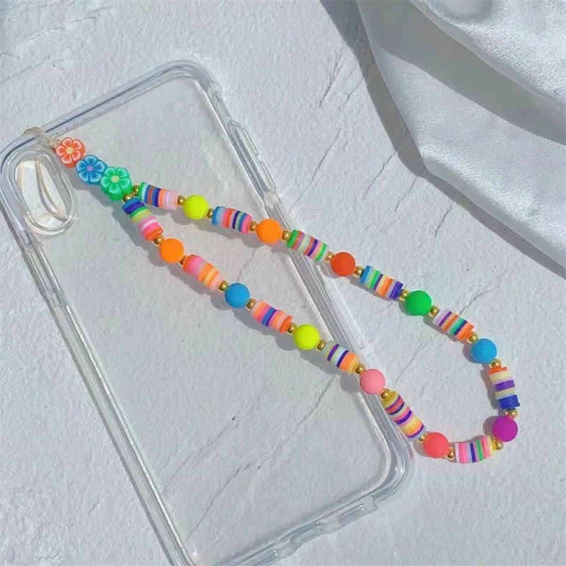 

New Ins Trendy Clay Flower Beads Chain Mobile Phone Chains Anti-lost Handmade Acrylic Charm Cord Lanyard for Women Girls