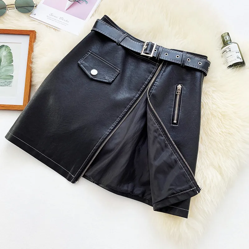 Юбка-мини женская из экокожи на молнии с высокой талией и поясом | Женская одежда