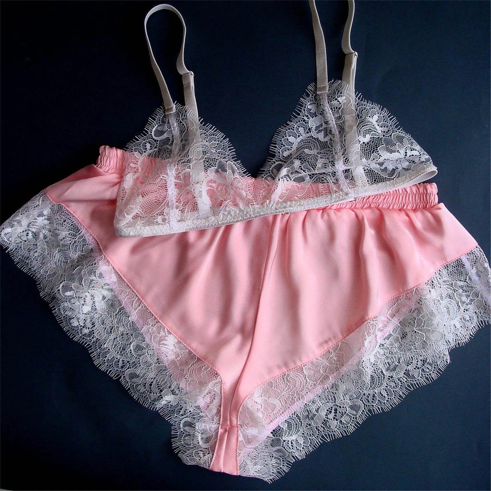 

Women 2pcs Satin Lace Mesh Lingerie Short Nightwear Pyjamas Set Female Sling Sexy Sleepwear Panties Outfits 2021 Mujer
