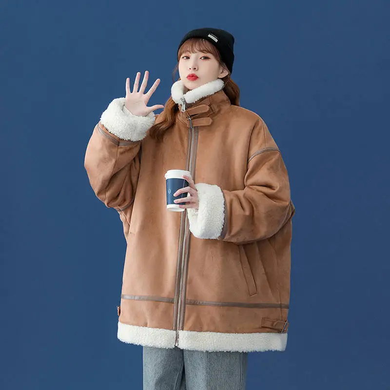 

Loose Suede Lambs Wool Biker Jackets For Women 2021 Oversized Coats Stand Collar Thick Cotton-Padded Winter Jacket Women C7914