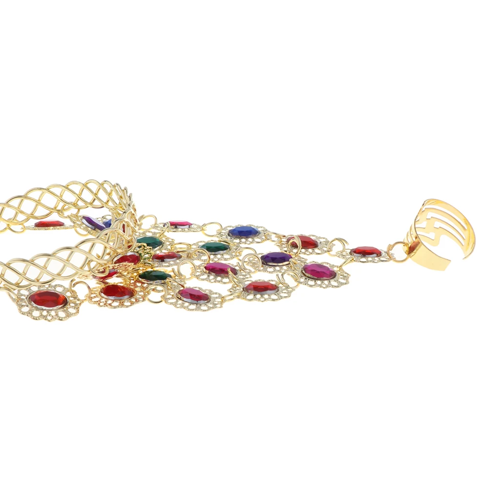 

Belly Dance Bracelet Jewelry Colorful Rhinestone Hand Chain with Finger Ring