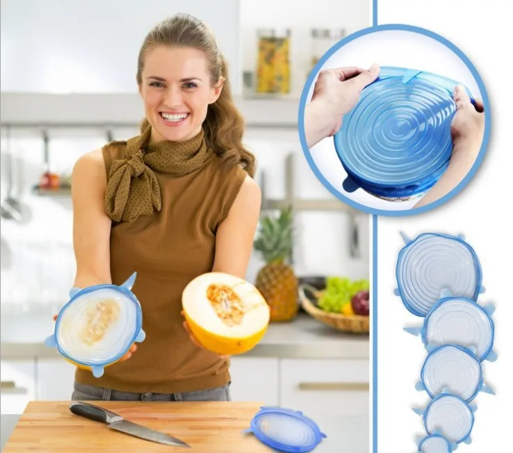 24set/lot 6pcs/set DIY White/Blue Kitchen Bowls Lids Food Grade Silicone Crisper Vacuum Cover Stretch Seal Fresh Cover HA1604