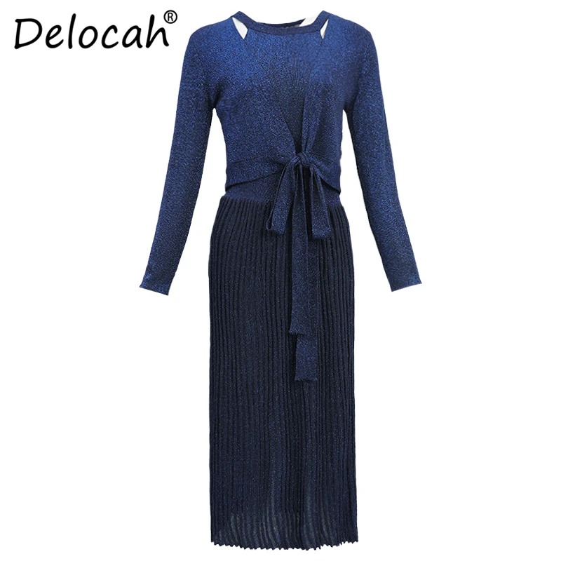 Delocah Модные осенние комплекты для подиума женские вязаные топы с длинными