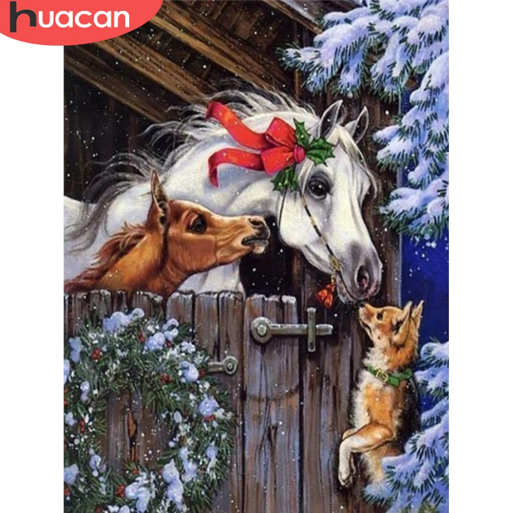 

HUACAN Diamond Painting Full Square Christmas Horse Diamond Embroidery Dog Animal Mosaic Winter Home Decoration Wall Art