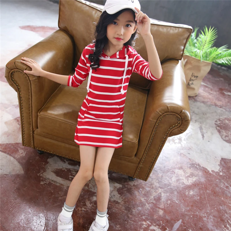 Платья с длинными рукавами для маленьких девочек милое мини-платье в полоску