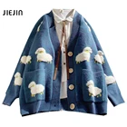 Вязаный кардиган с овечками, корейский новый милый свитер с мультипликационным принтом, пальто, Осень-зима, свободная уличная одежда, вязаные кардиганы с мультипликационным принтом 3XL