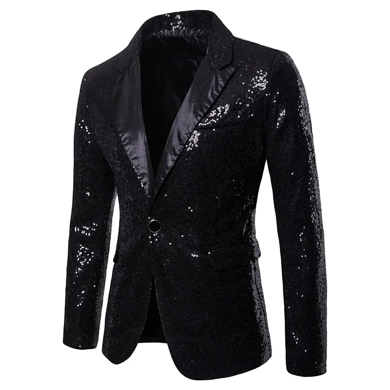 Sequin Slim Solid Mens Blazer Jacket Full Sleeve Business Office Casual Men Notched Red Black Gray Masculino | Мужская одежда