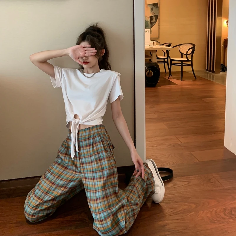 

Women Plaid Straight Pants 2020 Summer Fashion Full Length Office Work Ladies Trousers High Waist Casual Loose Female Pant WP201