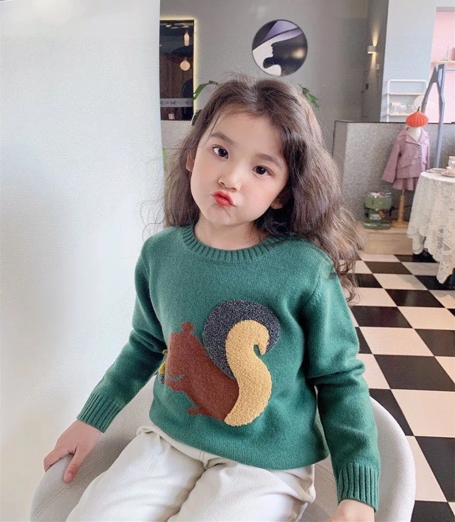 

Children sweater apring autumn baby clothes Green squirrel pattern cute knitted pullover kids sweaters