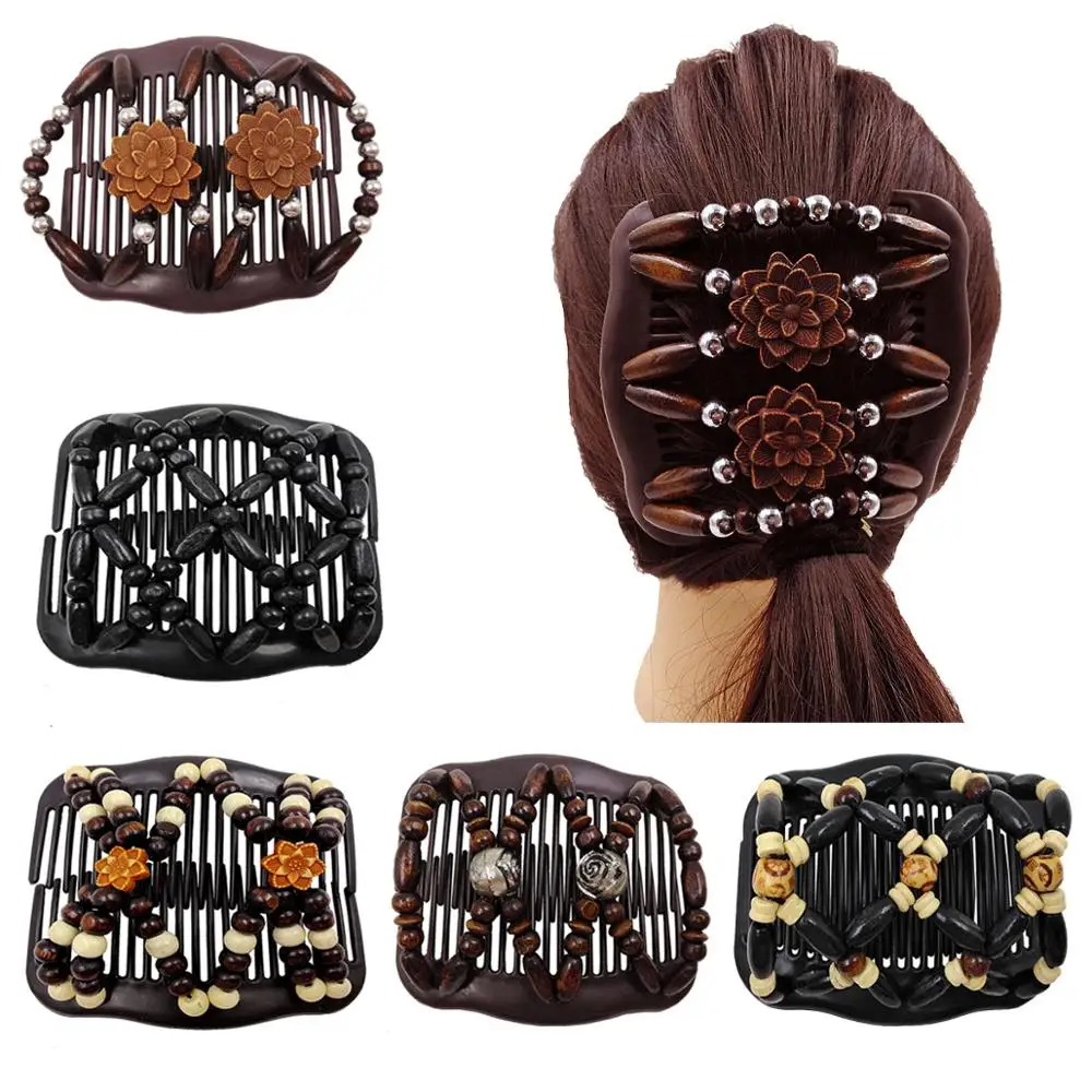 

Retro Women Wooden Double Beads Hair Magic Comb Maker Bun DIY Hairstyle Making Tool Elastic Hairpin Ladies Hair Clip Accessories