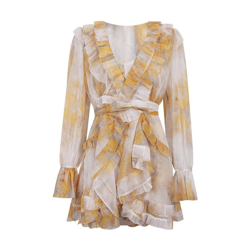 

XIZIHUPAN Casual Print Ruffle Dress For Women V Neck Long Sleeve High Waist A Line Mini Dresses Female Summer Fashion 2021 Style