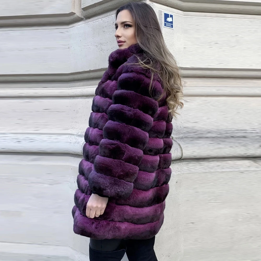Purple Natural Rex Rabbit Fur Jacket Stand Collar Fashion Mid-length Women Whole Skin Genuine Rex Rabbit Fur Coat Trendy Outwear enlarge
