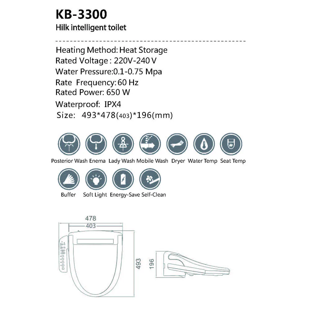 KB3300 умный закрытый шкаф биде смарт сидя туалет Пан сиденье для унитаза 220V ~ 240V 60 HZ