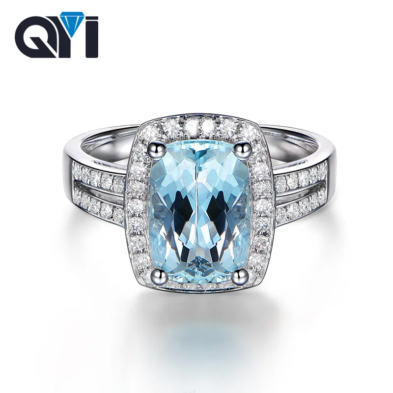

QYI 2,5 карат огранка кушон натуральный Небесно-Голубой топаз Серебро 925 пробы натуральный драгоценный камень Halo обручальное кольцо для женщи...