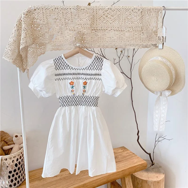 

Summer Kids Dresses for Girls Flower Embroidery Korean Pretty Short Sleeve Princess Dress Elegant Children Birthday Outfits