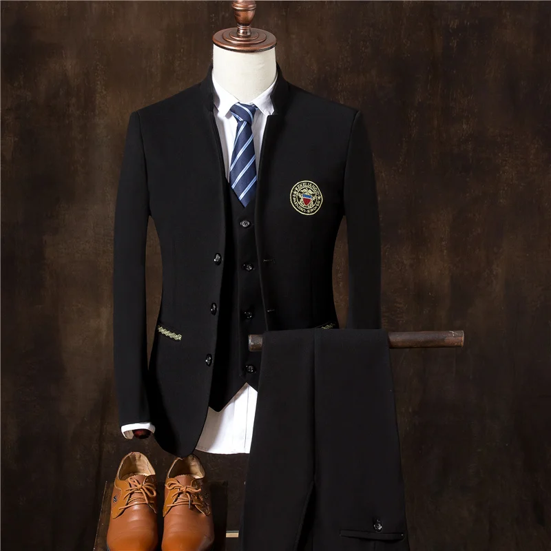 Весенние модные мужские повседневные однотонные костюмы с вышивкой тонкие