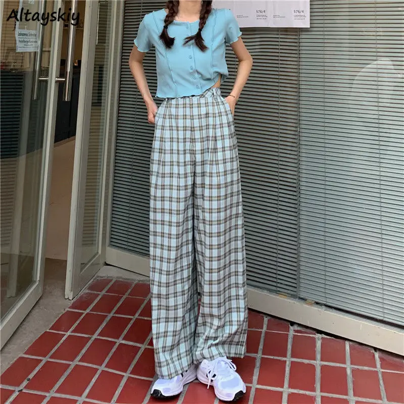 

Женские комплекты, футболка с коротким рукавом, короткий топ с оборками, милая популярная уличная одежда, клетчатые брюки в стиле ретро, неж...