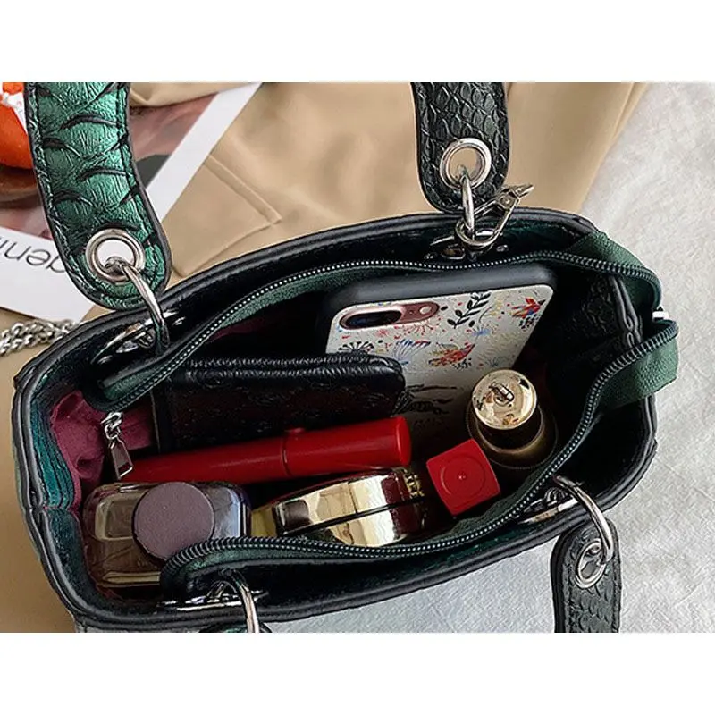 

Snakeskin Pattern Small Square Bag Women Shoulder Bag Mental Pendant Decoration Leather Top Handle Handbags Crossbody Bag