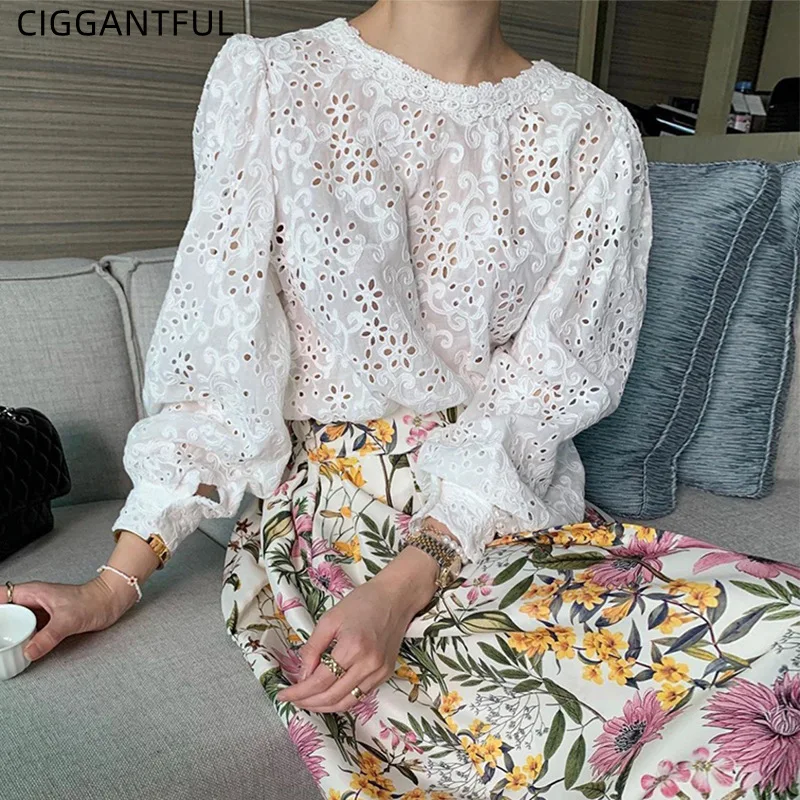

Elegant Lace Collar Hollow Crochet Loose Puff Sleeve Shirt Top High Waist Pleated Flower Skirt Women Korean Chic Outfit Set