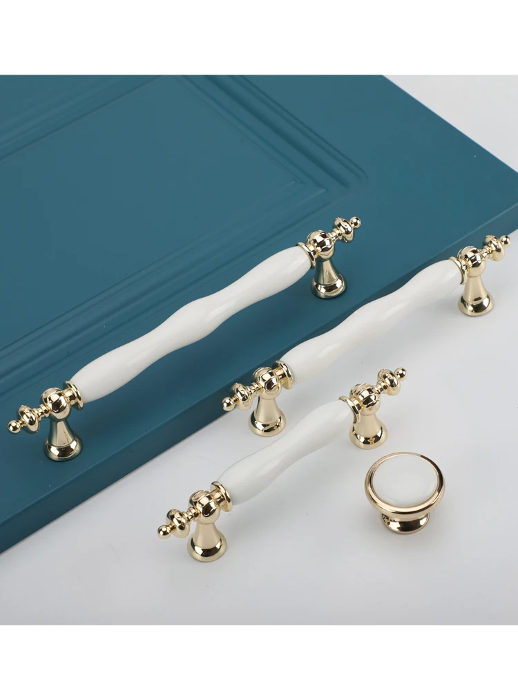 

Door Knob Fashion Ceramic Cabinet Handles Golden Kitchen Cupboard Door Handles Drawer Knobs European White Furniture Pulls