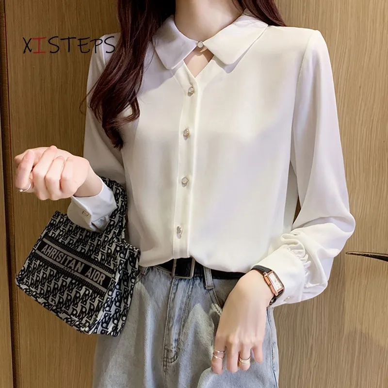 OL Style Women Blouses Shirts White Fashion Chiffon Shirts 2021 Spring Long Sleeve Ladies Tops Elegant Womens Clothing