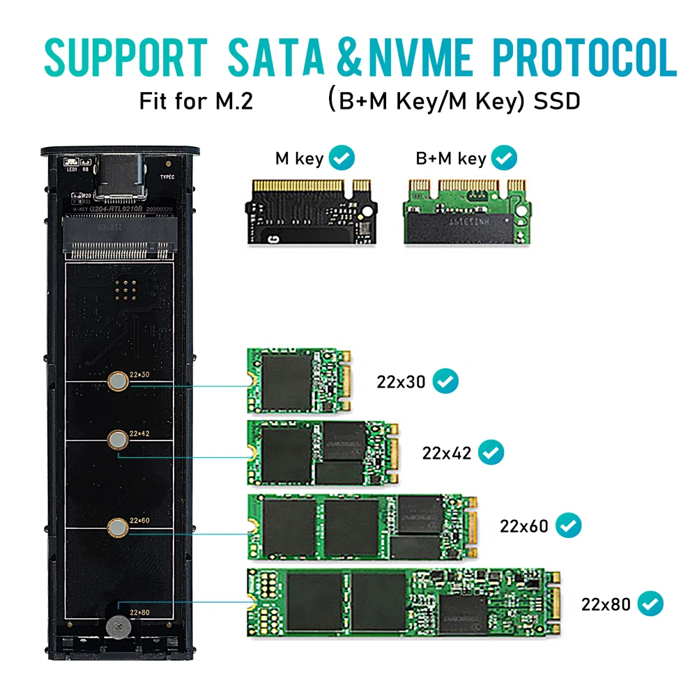 Чехол для двухпротокольного M2 SSD переходник M.2 на USB 3 1 NVME PCIE NGFF SATA M/B Key 2230/2242/2260/2280