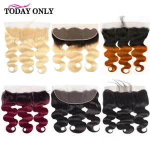 Предварительно выщипанные 13x4 кружевные фронтальные закрывающие бразильские объемные волнистые человеческие волосы на шнурке для уха Омбре бордовый 613 фронтальный Remy