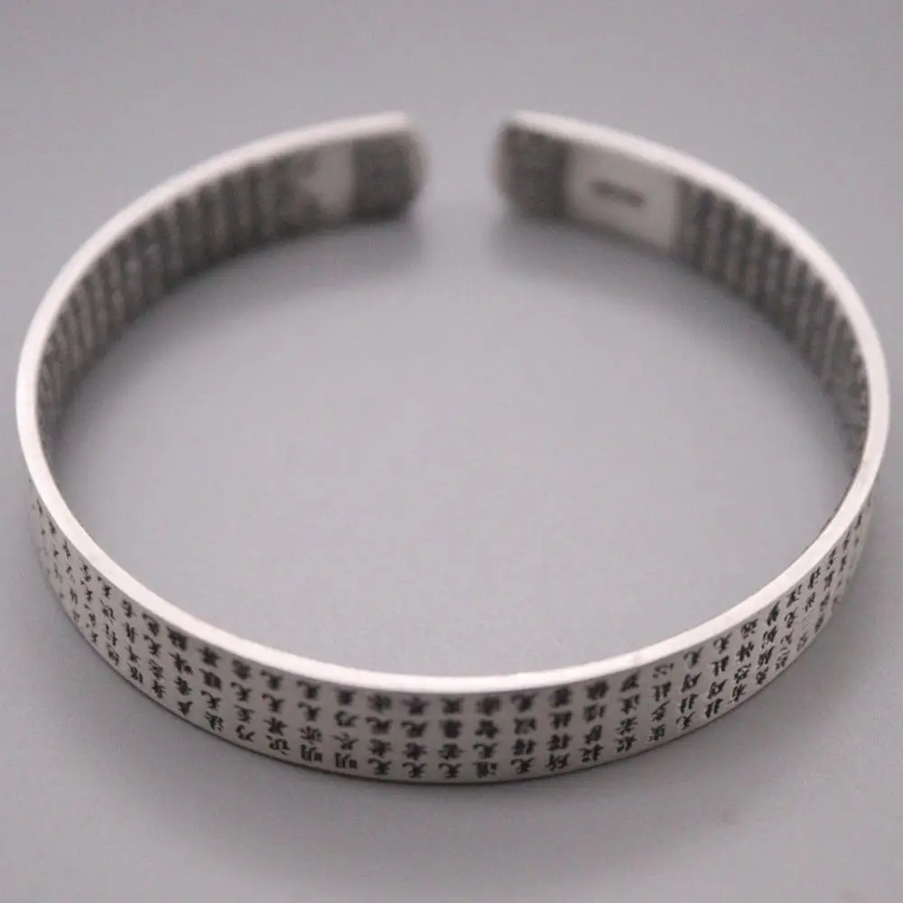 

New Pure 999 Fine Silver Bracelet Width 8mm Engraved Buddhist Heart Sutra Cuff Bangle 56-60mm Adjustable About 29g