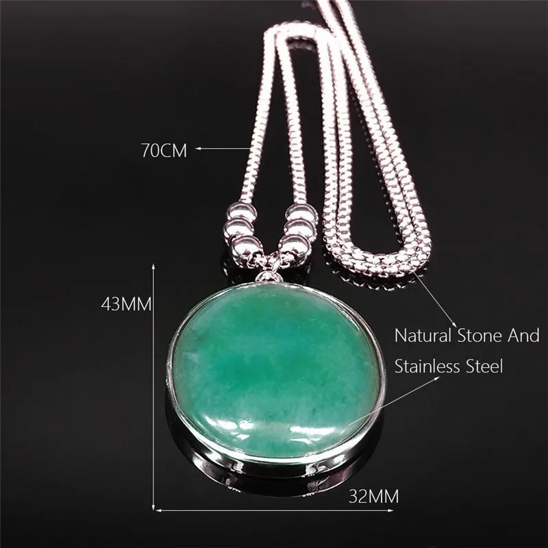 

Green Natural Stone Stainless Steel Charm Necklaces Boho Silver Color Long Necklace Jewelry collar acero inoxidable mujer NXS04