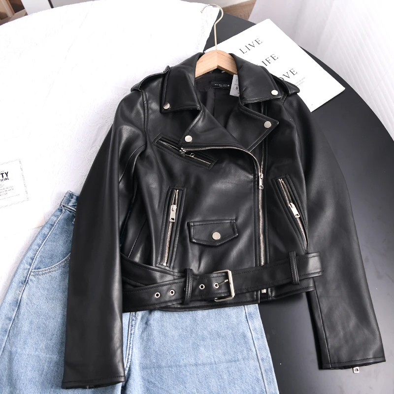 2022 Winter Gothic Faux Leather Short Jacket with Belt Women Lapel Pu Leather Coat Black Zipper Moto Biker Outwear Za Jackets