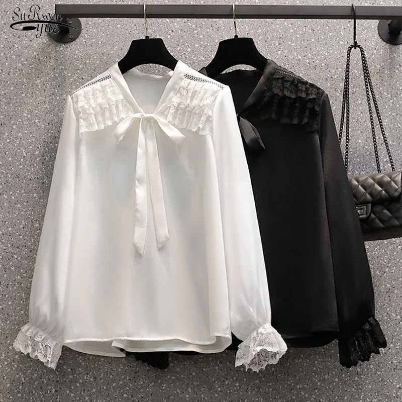 

Autumn Fashion Temperament Lace Stitching Blouses Female Long-sleeved Bow-knot Blouse Woman Large Size Elegant Woman Shirt 16665