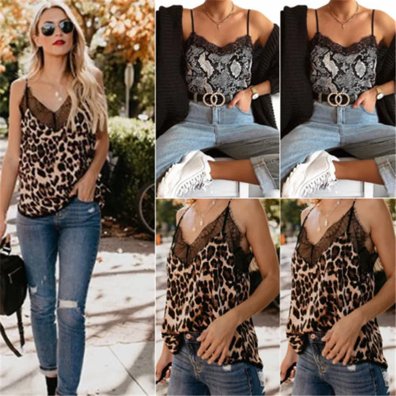 2019 New Hot Summer Women Lady Girl V-Neck Leopard Snake Print Camisole Loose Leisure Casual Fashion Vest Lace Strappy Cami Tops | Женская