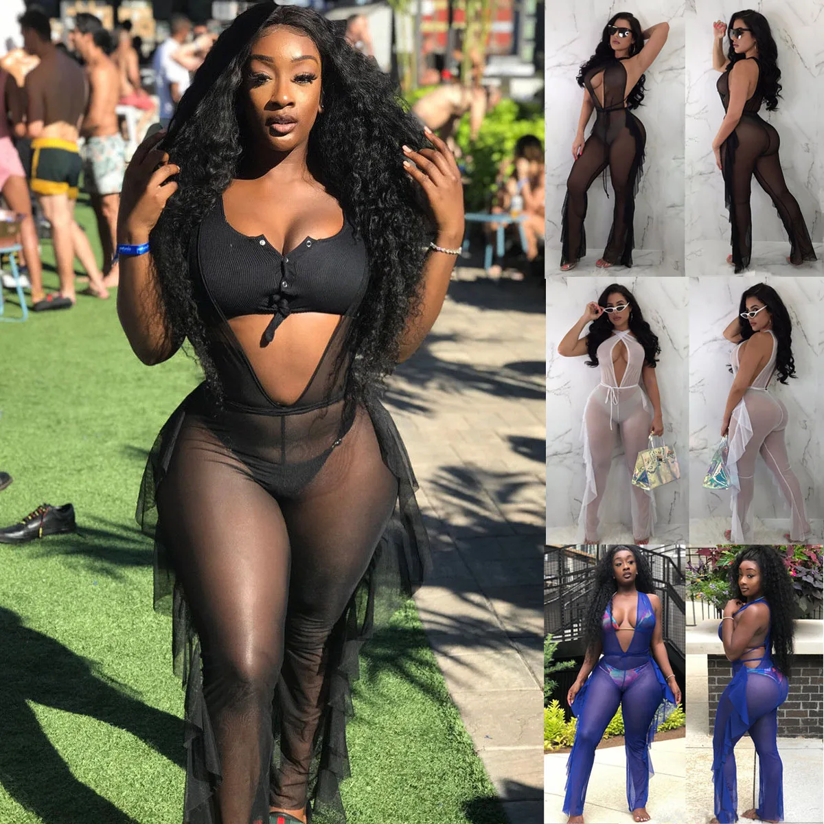 Летний женский элегантный сексуальный прозрачный комбинезон с оборками