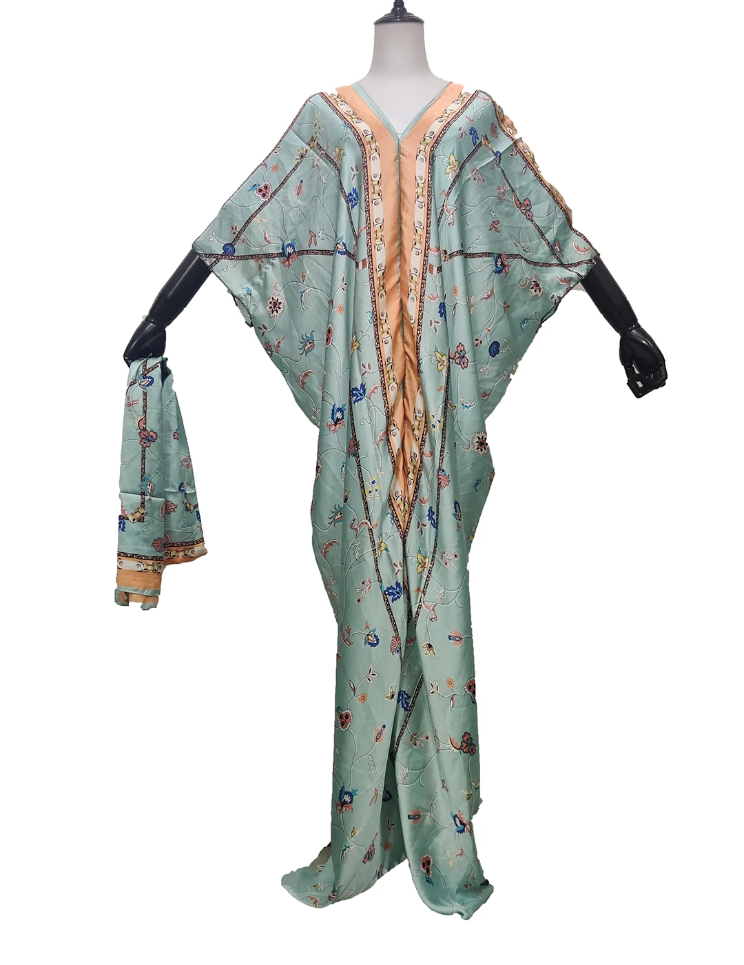 

Thailand 2021 Summer Bohemian Batwing Sleeve V-Neck Silk Kaftan Dress New Elegant Middle East Abaya Muslim Boho Clothes