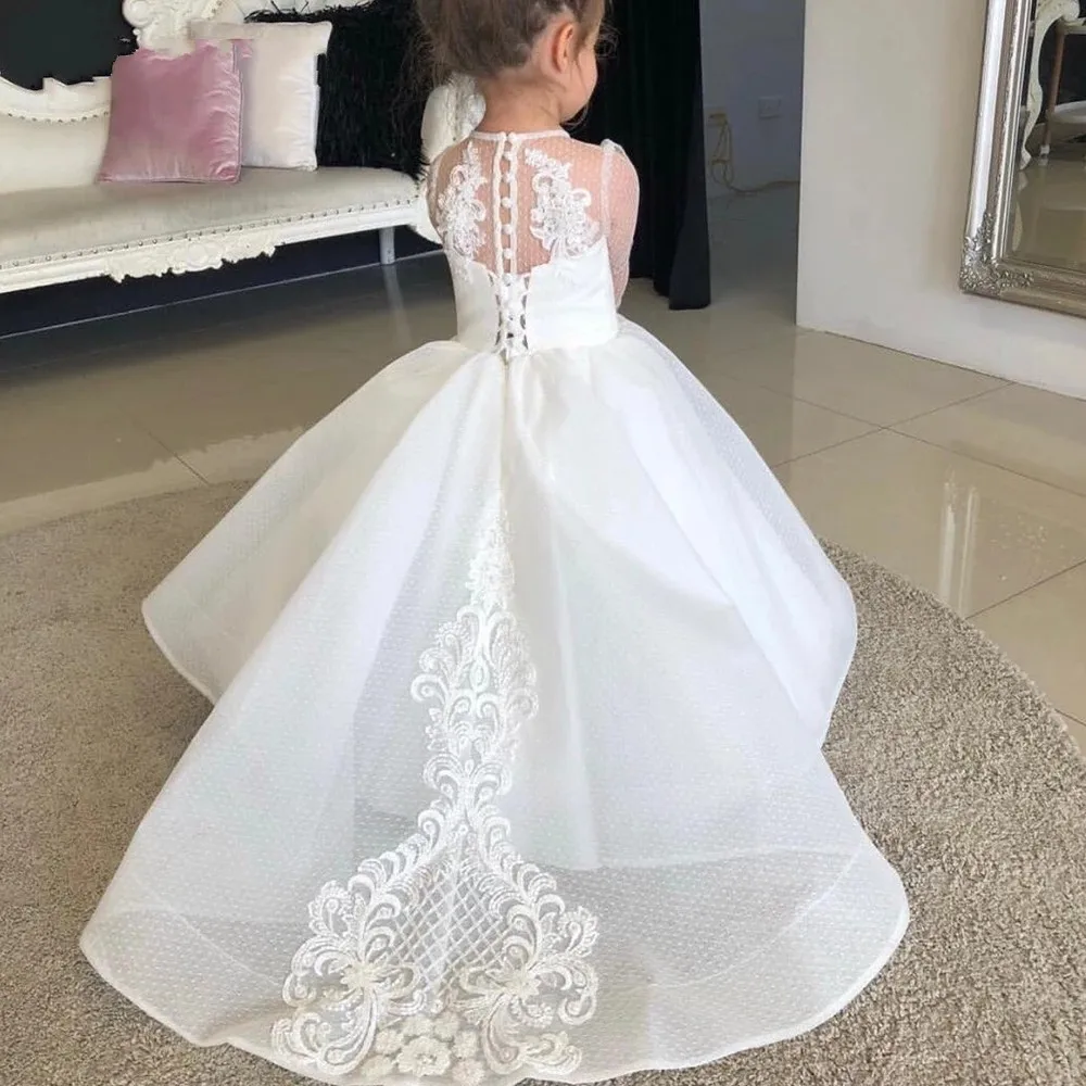 Lace Flower Girl Dresses White Tulle Appliques Dress Baby Girls Party Dresses Cap Sleeves Puffy Back First Communion Dress