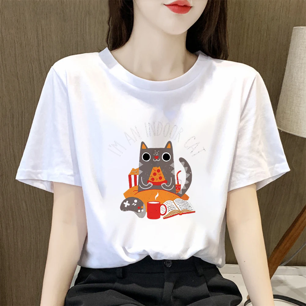 

Cat Eating Pizza Love Graphic T-shirt Women Streetwear Hot Selling Short Sleeve Cute Animal Leisucre Tee Shirt 2021 Mujer