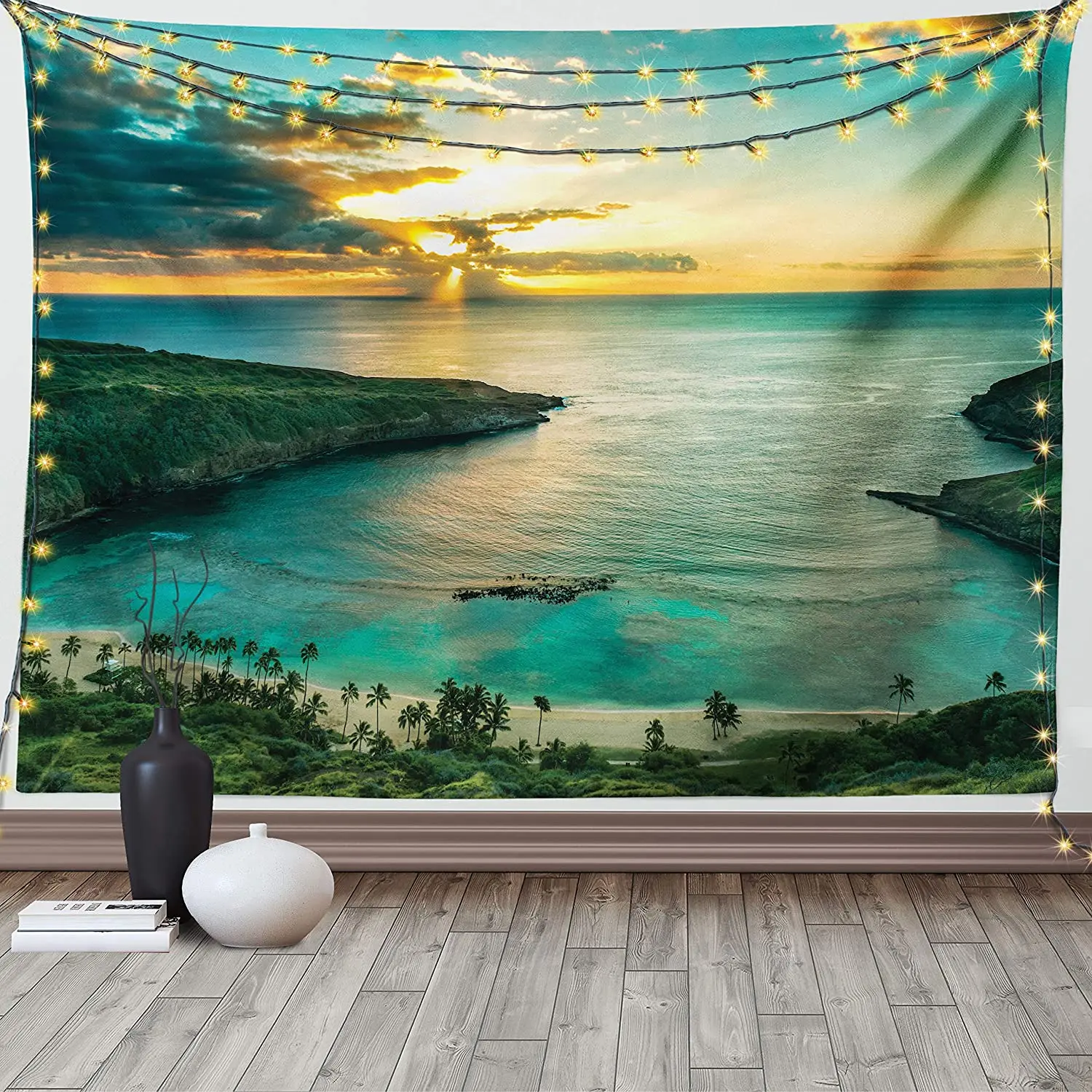 

Hawaiian Tapestry Sunrise Over Hanauma Oahu Hawaii Sunbeams Through Clouds Shoreline Wall Hanging Decor Green Orange Tapestries