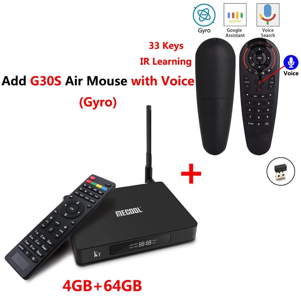 MECOOL K7 Smart Android 9,0 tv Box Amlogic S905X2 DVB-T2 DVB-S2 ТВ приемник 4 Гб DDR4 64 Гб rom 4K телеприставка DVB-C медиаплеер - Цвет: K7 add G30S