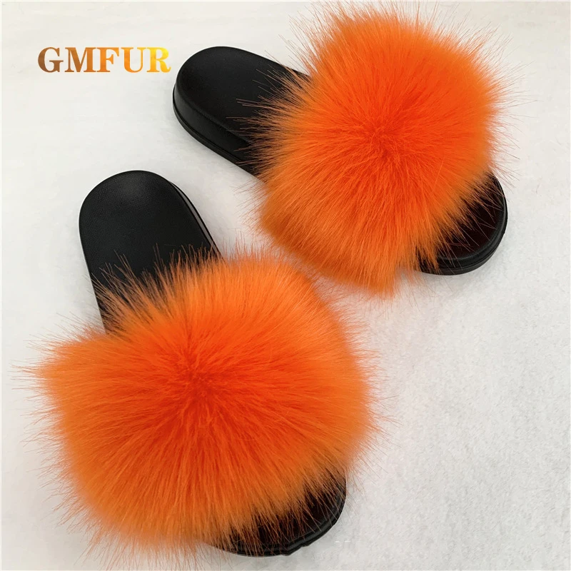 Ladies Slippers Summer New Style Faux Fox Fur Slides Indoor Outdoor Beach Shoes Female Raccoon Soft Plush Flip flop Sandal Women