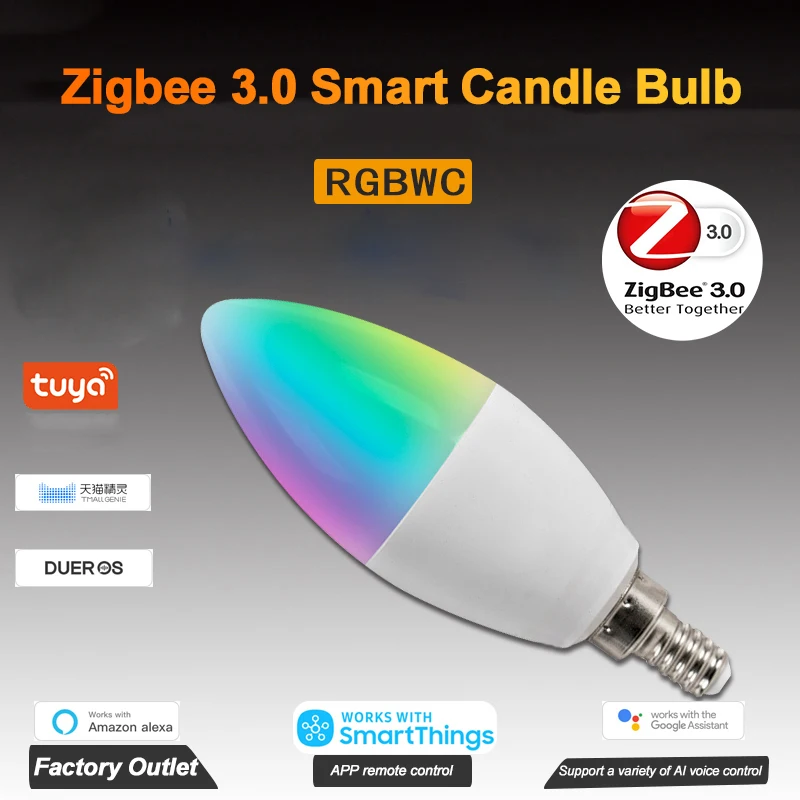 

Умная лампа-свеча Tuya Zigbee 3,0 RGBCW 5 Вт, светодиодная лампа, умный дом, Голосовое управление с Alexa Google Home, ночные светильники, лампы для дома