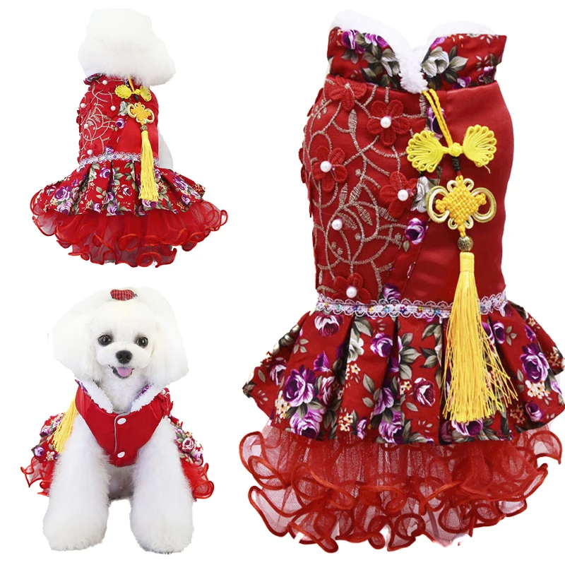 

Pet Clothes Velvet Warm Dog Wedding Dress Chinese Style Tang Suit for Dog Winter S-XXL Red Pet Dress Yorkie Corgi Teddy Clothing