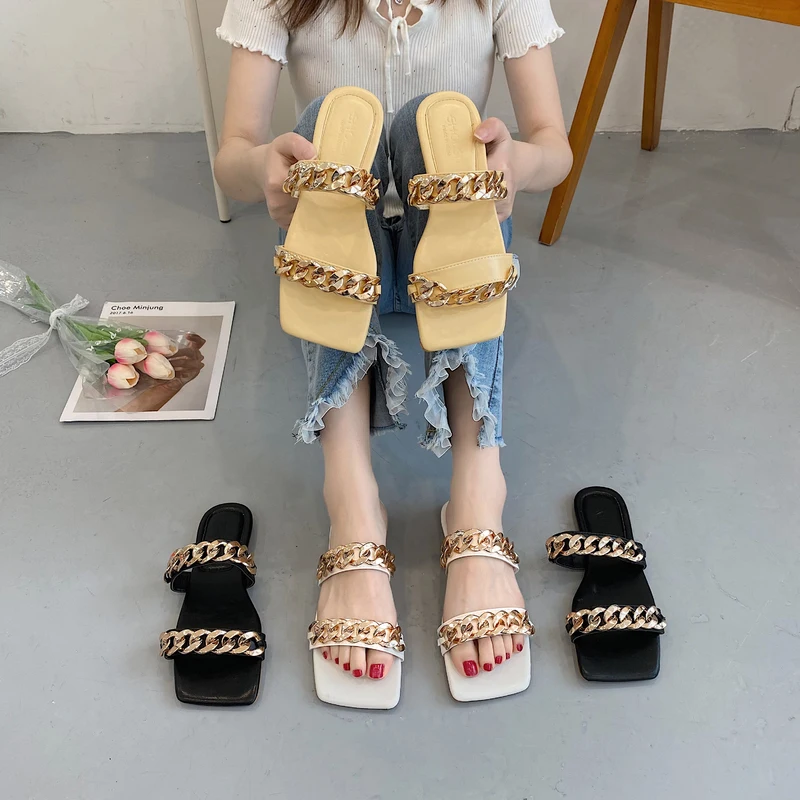 

Low Female Shoes Slippers Soft Square Toe Summer Clogs Woman Rivet Slides Fashion 2021 Comfort Beach Flat Luxury Rubber Retro Me