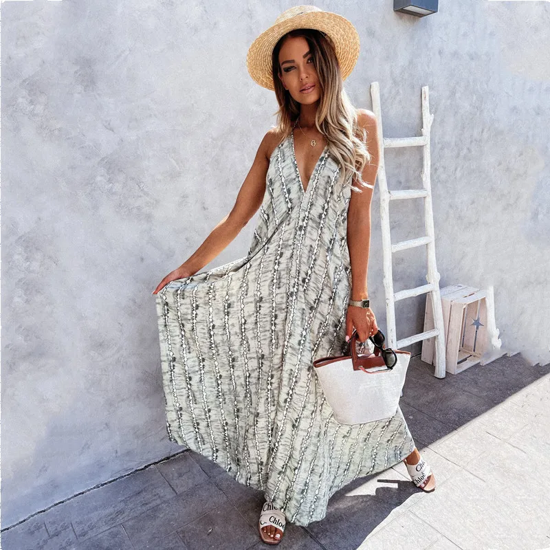 

Sexy Deep V Neck Loose Halter Lace-Up Big Swing Dresses For Women 2021 Summer New Sling Stripe Printing Backless Dress Vestidos