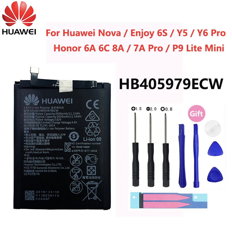 Оригинальный аккумулятор Hua Wei HB405979ECW 3020 мАч для Huawei Nova Enjoy 6S Honor 6C 6A 7A 7S 8A Pro Y5 Y6 2017 P9