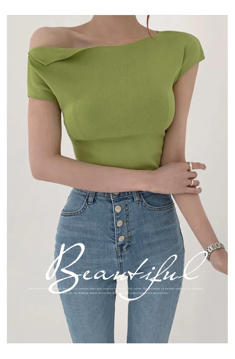 

off shoulder tops 2021 Summer Women New Sexy Skew Collar Sweaters Short Sleeve Pullovers Indie Women Fashion Lady Jumpers Slim