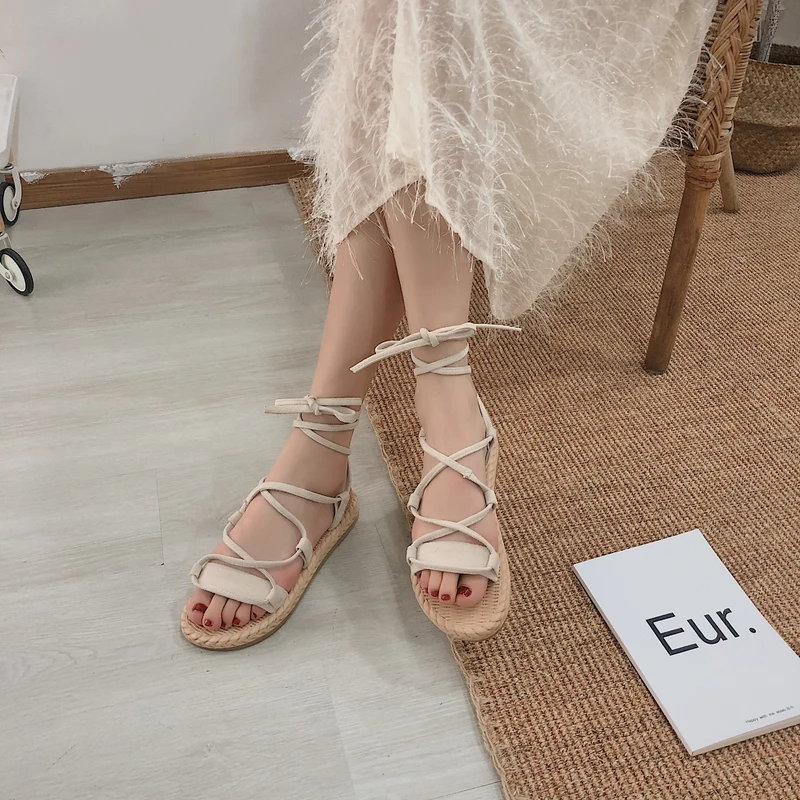 

Retro Woman Shoes Female Sandal Cross-Shoes Strappy Heels 2021 Summer Original Girls Handmade Bohemian Beige New Comfort Lace Up
