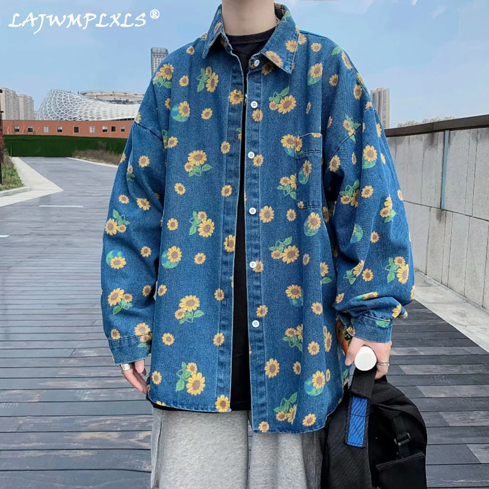 

Men's Harajuku Sunflower Print Shirt Shirt Vintage Denim Shirt Loose Short Sleeve Blouse Large Size Shirt Man Shirt